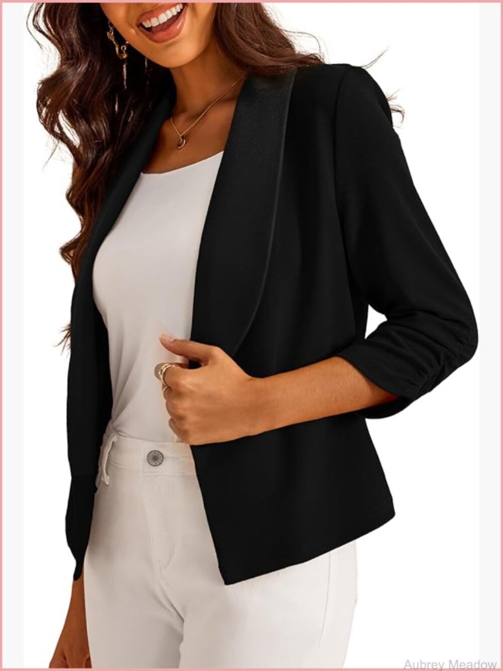 Cropped 3/4 Sleeve Blazer Cardigan Open Front Lightweight Business Casual